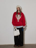Lofi choose Fleece Lined Loose Fit Crewneck Pullover Commuter Red Navy Sweatshirt