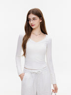 ikyou Breathable V-neck Slim White Pullover Women Cropped Long Sleeve Crop Tops