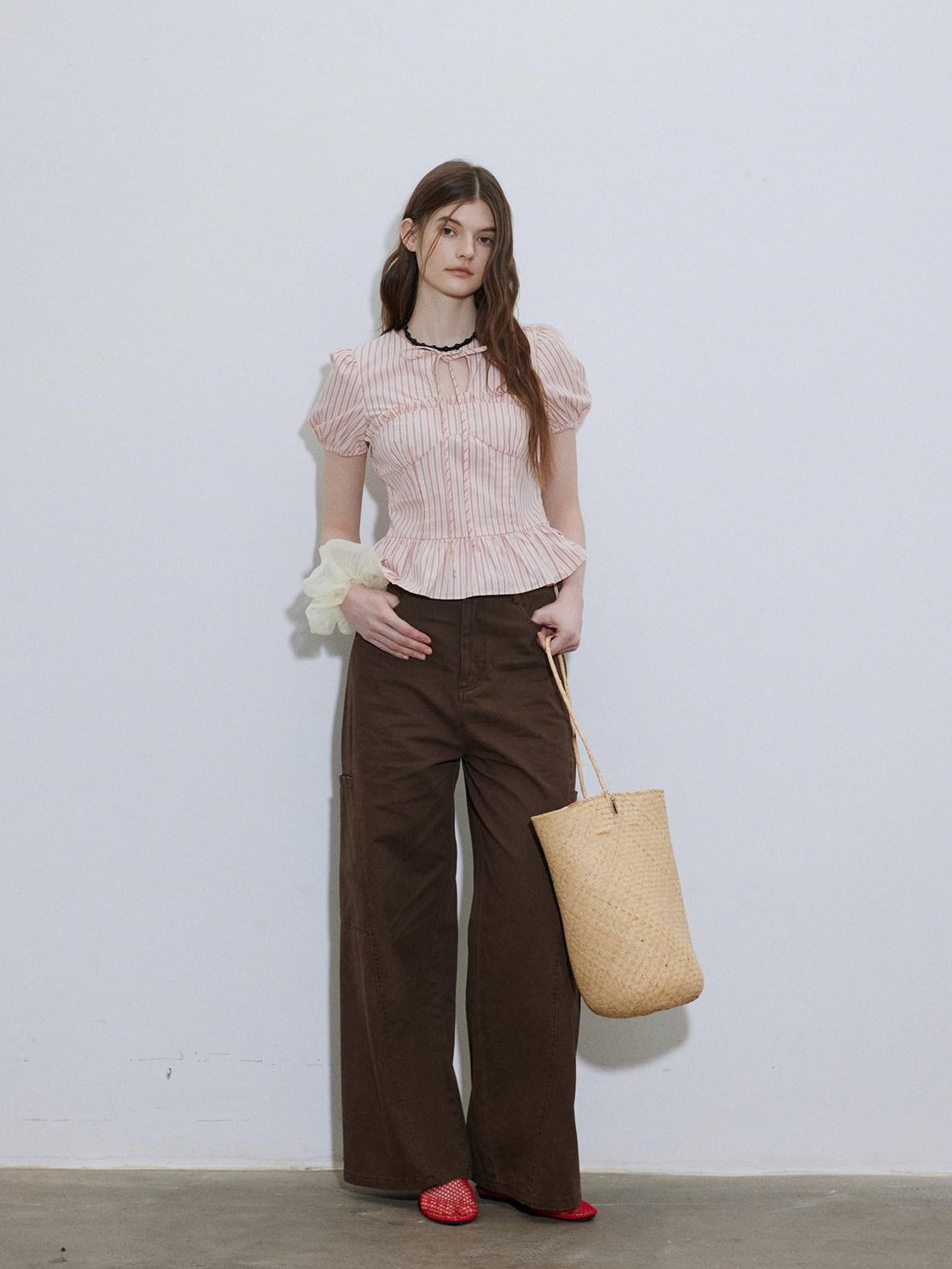 Lofi choose Puff Sleeve Tie Neck Loose Fit Office Workwear Short Sleeve White Pink Blouses