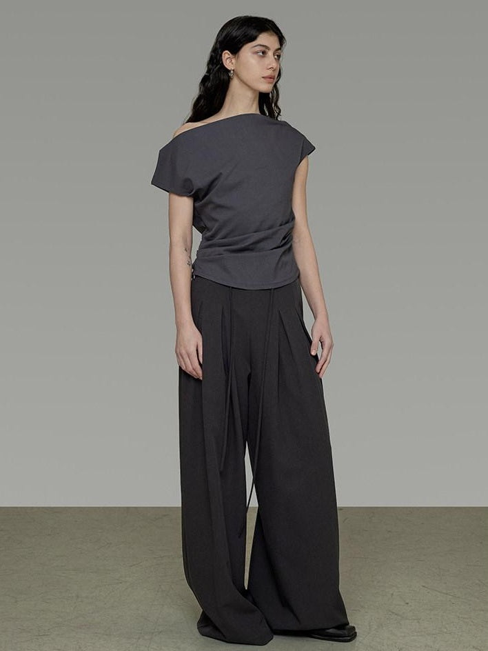 unspoken Pleated Stretch Minimalist Workwear Natural Waist Women Wide Leg Pants