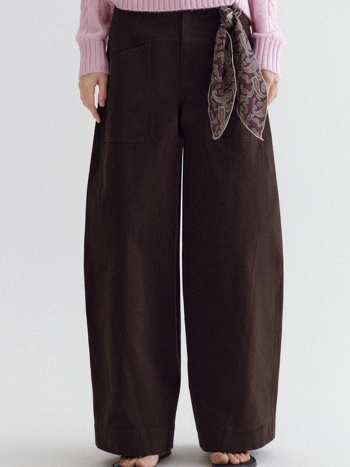 fano High Waist Cotton Warm Minimal Commuter Pocket Button Women Brown Wide Leg Pants