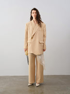 audreyyang Oversized Wool Single Button Notch Lapel Long Sleeve Women Cream Black Blazers