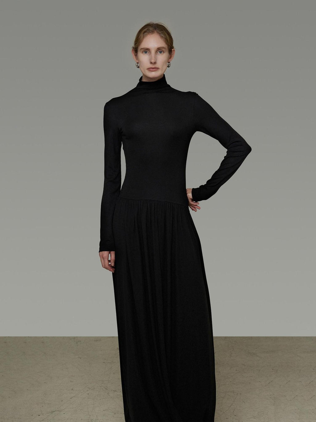 unspoken Modal Knit Turtleneck Slim Waist Long Sleeve City Workwear Black Maxi Dresses