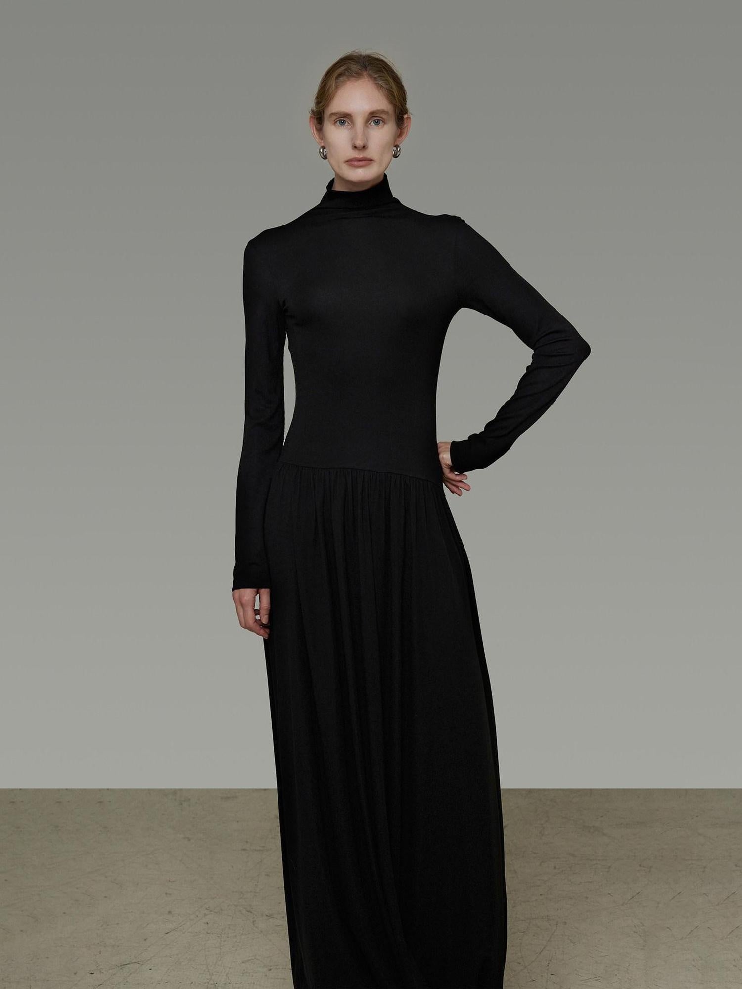 unspoken Modal Knit Turtleneck Slim Waist Long Sleeve City Workwear Black Maxi Dresses
