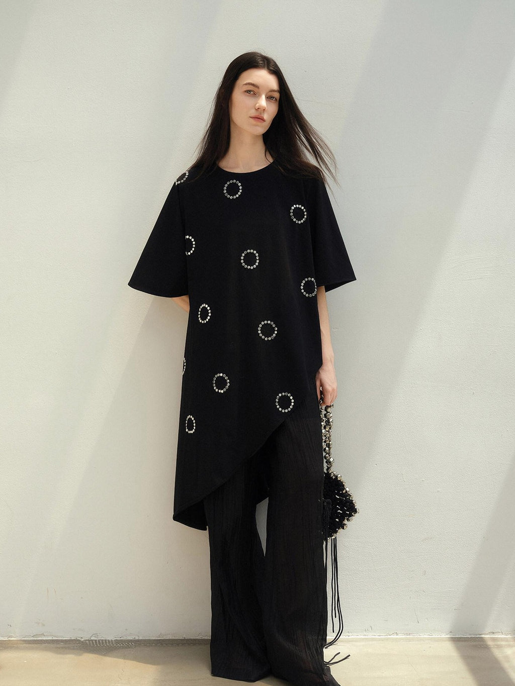 audreyyang Rhinestone Asymmetric Loose Commuter Cotton Black Women Short Sleeve T-Shirts