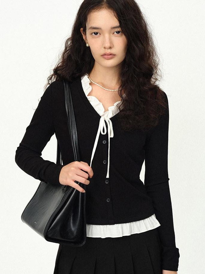 fano Stretch Viscose Slim Fit Embroidered V-neck Workwear Black Long Sleeve Cardigans
