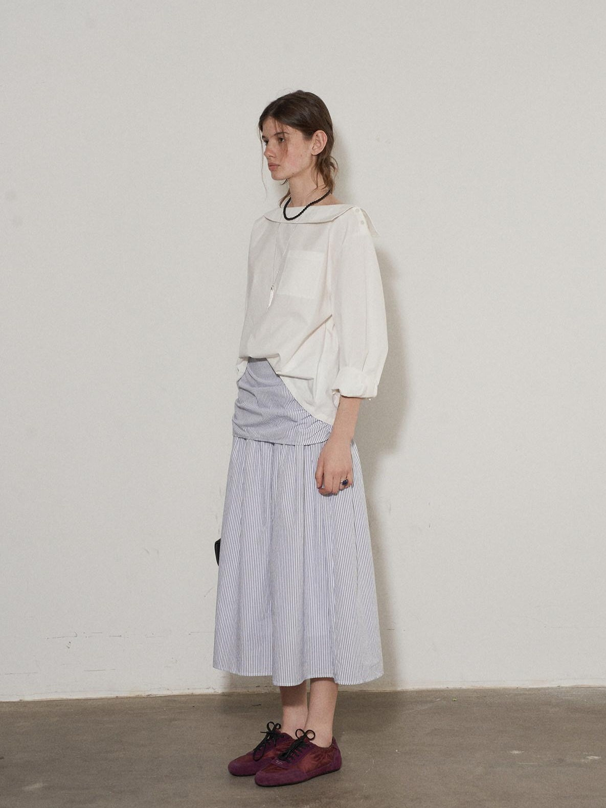 Lofi choose High Waist Cotton Comfort Pleated Loose Fit Office Women Blue Stripe Midi Skirts