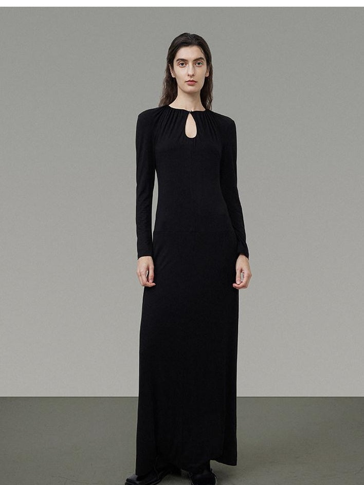 unspoken Waist Cinch Commuter Long Sleeve Drop Neck Black Womens Hline Maxi Dresses