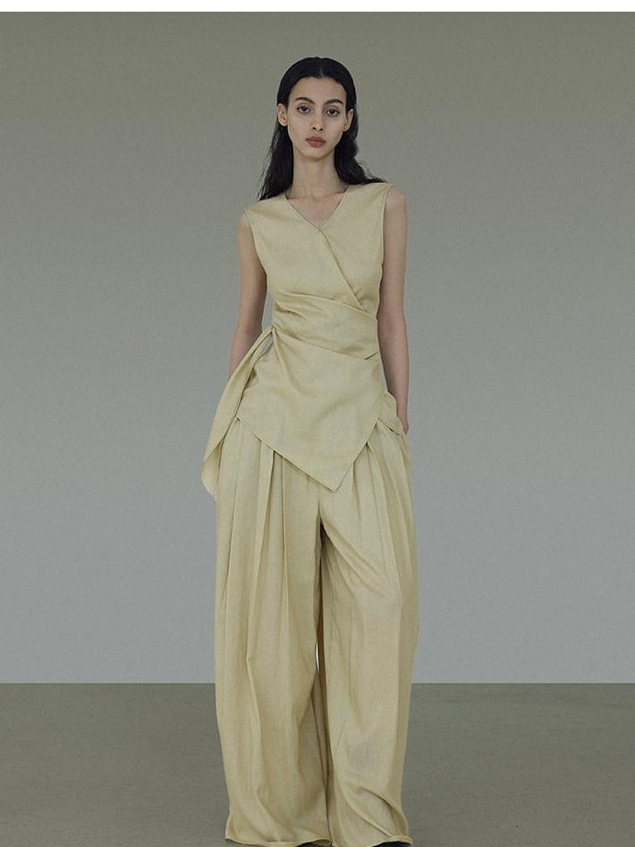 unspoken V-neck Khaki Two Piece Slim Fit Casual Office Women Long Pants Top & Pants Sets