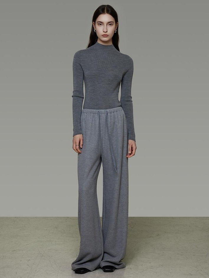 unspoken Breathable High Rise Tie Waist Office Solid Light Gray Poly Blend Wide Leg Pants