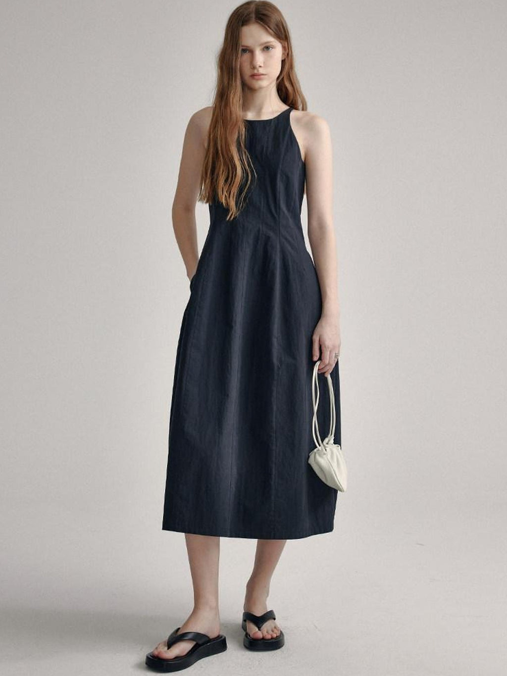 High Waist Sleeveless Minimalist Office A Line Cotton Blend Maxi Dresses