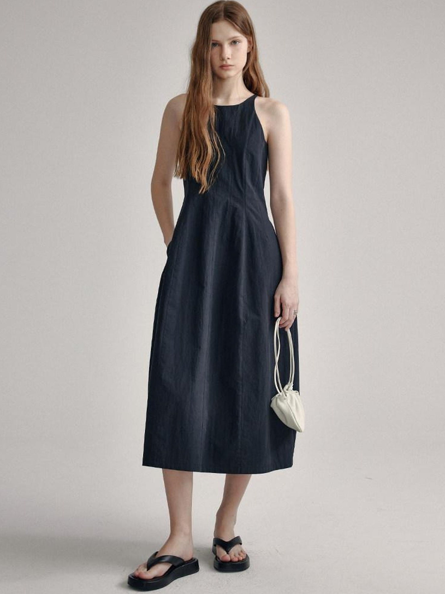 High Waist Sleeveless Minimalist Office A Line Cotton Blend Maxi Dresses