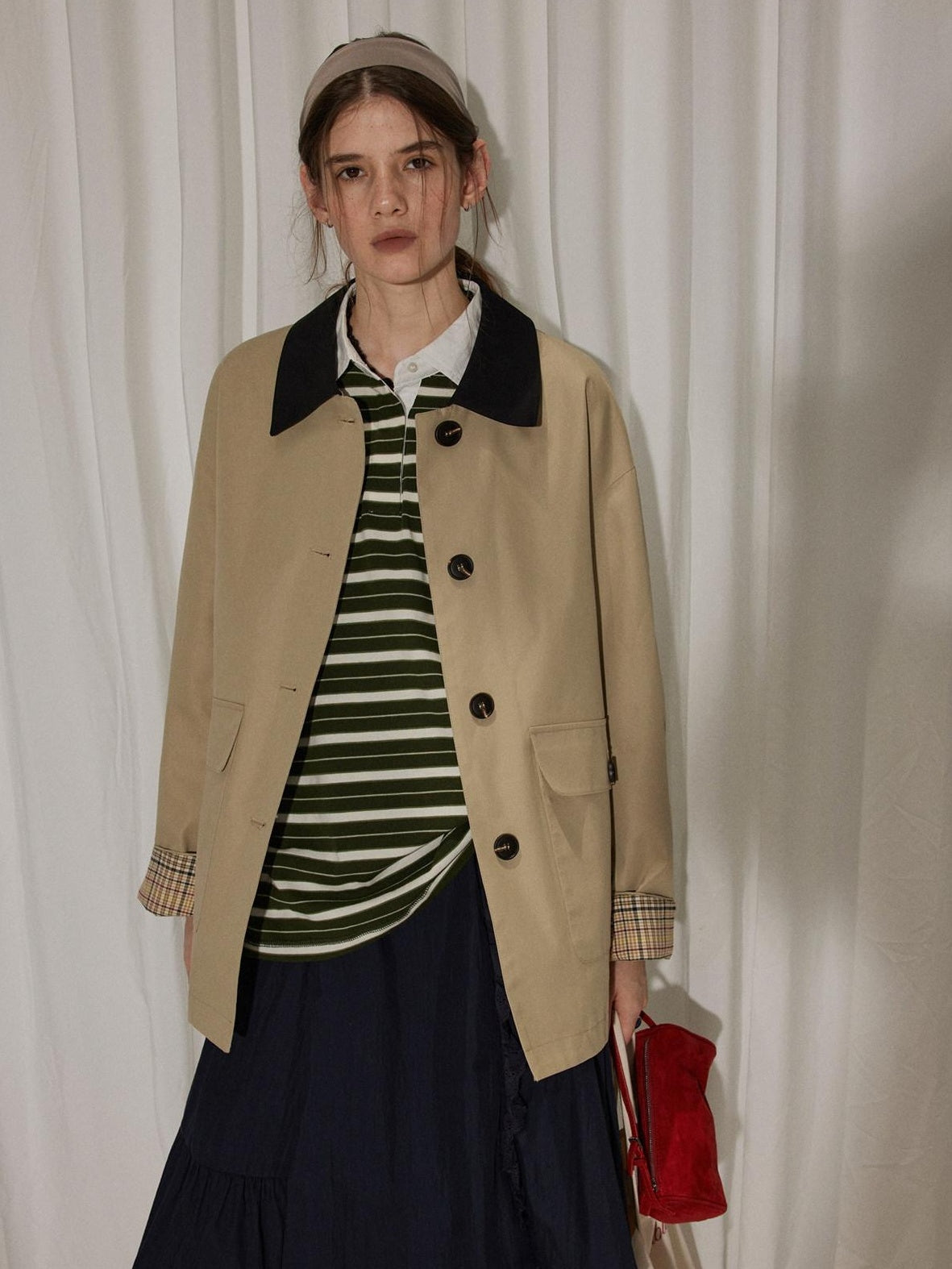 Lofi choose Cotton Blend Loose Fit Commuter Short Single Breasted Khaki Black Trench Coats