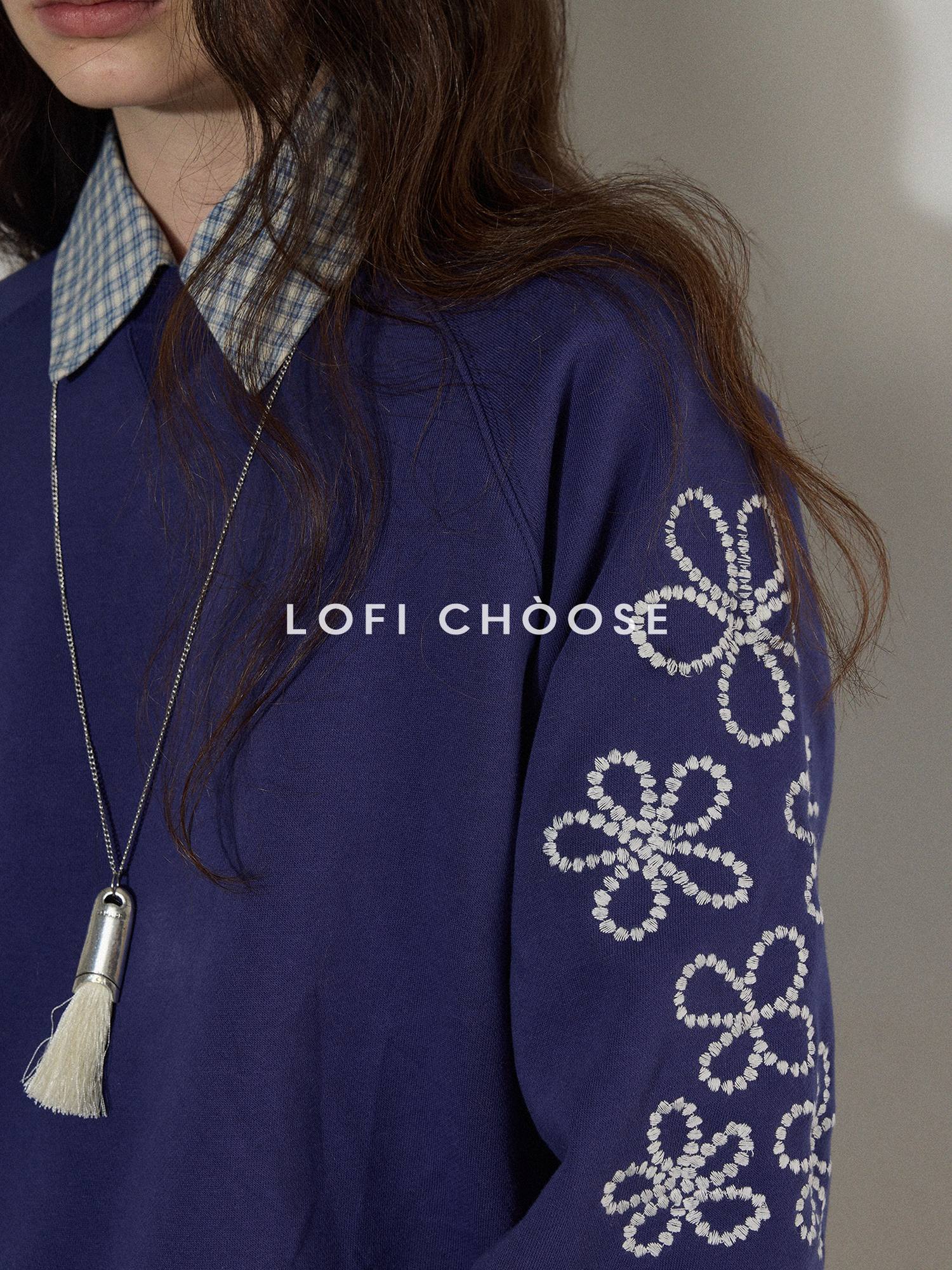 Lofi choose Floral Print Loose Fit Office Crewneck Women Blue Gray Long Sleeve Sweatshirt