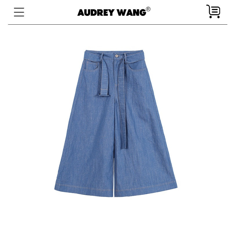audreyyang_Linen_Blend_Collared_Short_Sleeve_Button_Casual_Denim_Blue_Top_&_Skirt_Sets_MISSTT
