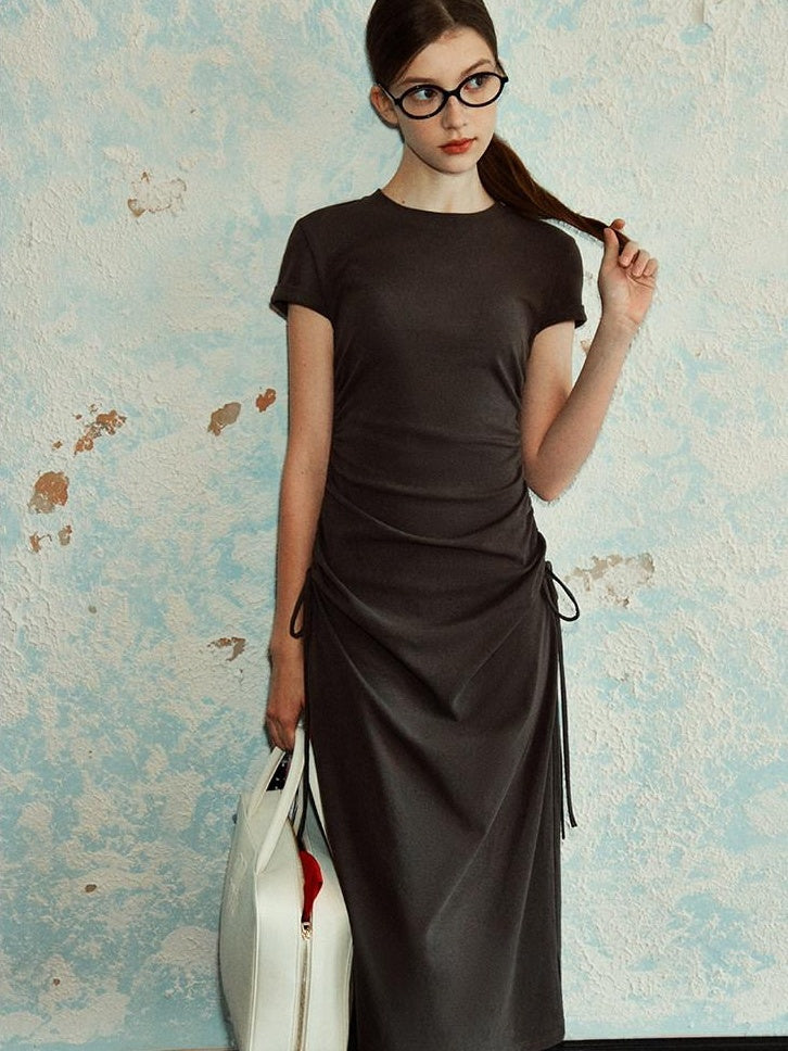 fano Soft Cotton Knit High Waist A Line Button Mock Neck Midi Dresses