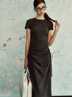 fano Soft Cotton Knit High Waist A Line Button Mock Neck Midi Dresses