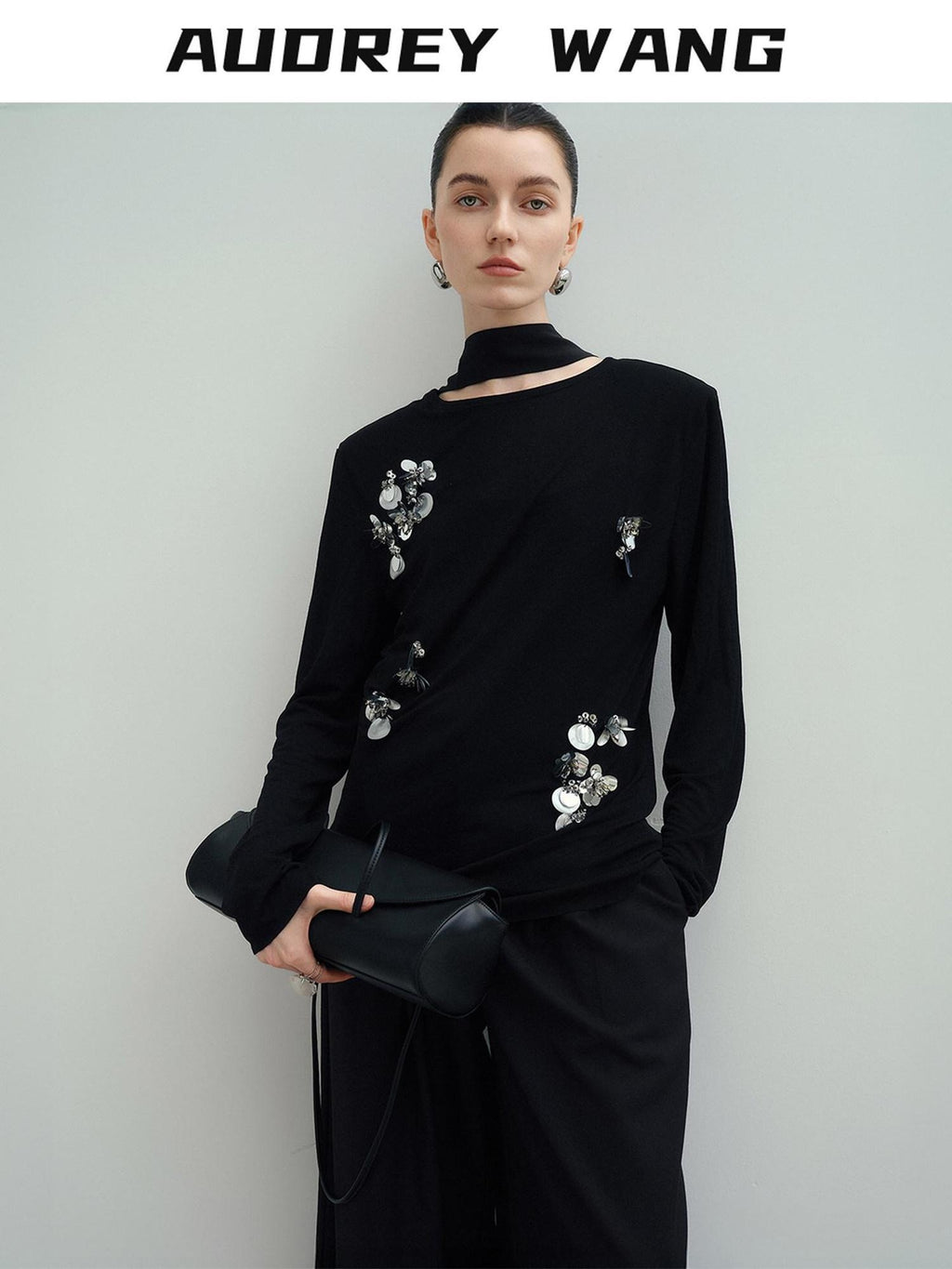 audreyyang Slim Minimal Office Crew Neck Long Sleeve Acetate Blend Black Cropped Jackets