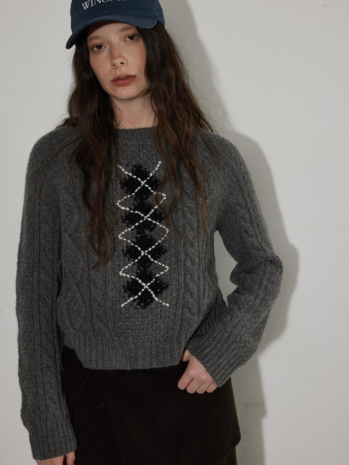 Lofi choose Soft Acrylic Crewneck Loose Fit Diamond Pattern Commuter Knitwear Sweaters