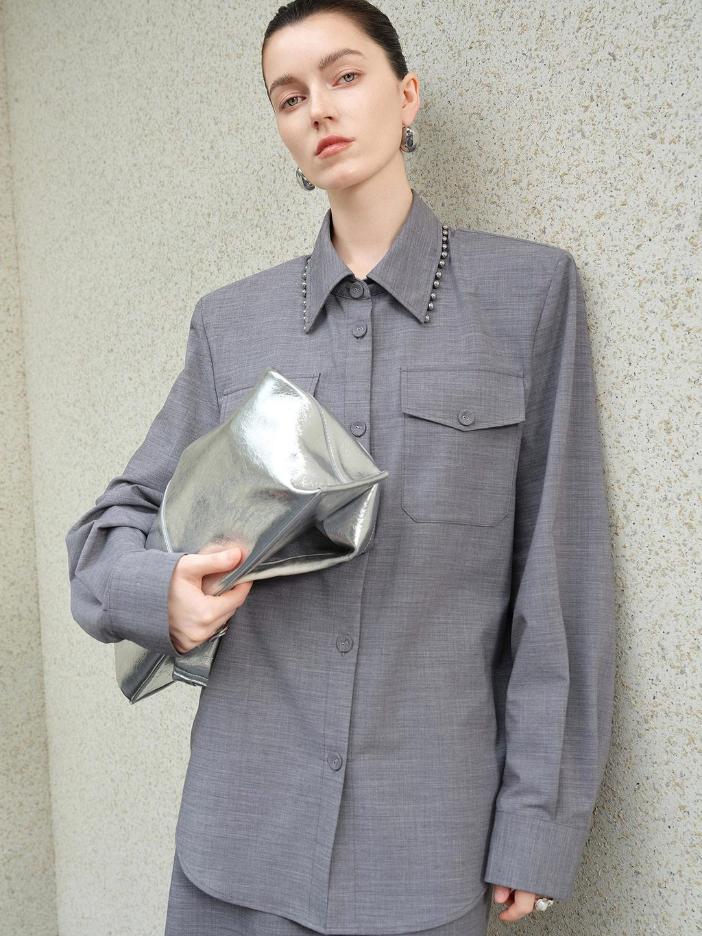 Original Loose Lapel Long Sleeve Open Front Patch Pocket Women Solid Blouses