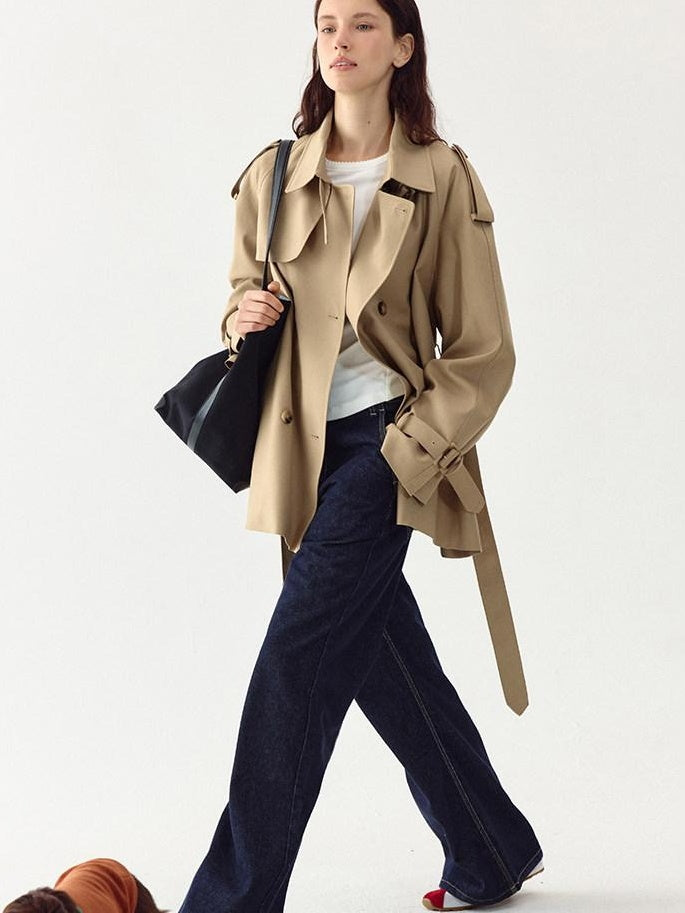 fano Double Breasted Button Loose Fit Raglan Sleeve Commuter Women Khaki Trench Coats