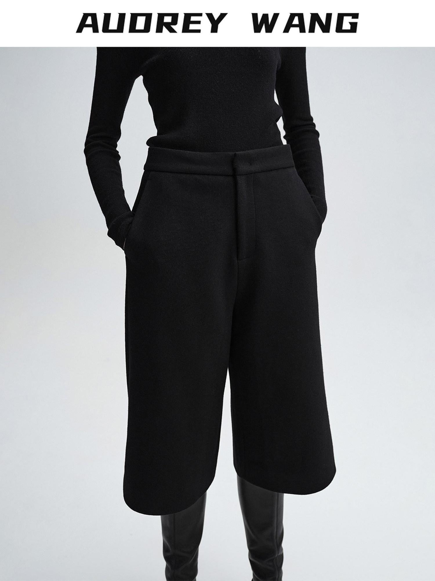 audreyyang Wool Blend Minimal Wide Leg Natural Waist Women Office Mid-Length Shorts