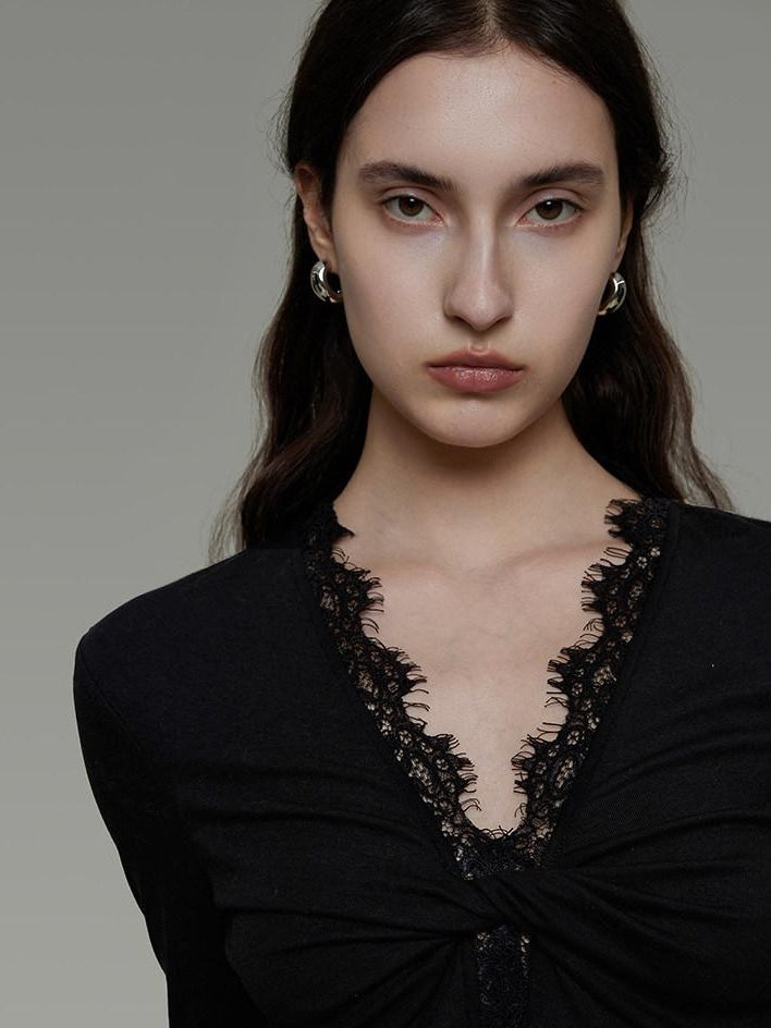 unspoken Breathable Lyocell Lace Slim Fit V-neck Long Sleeve Women Black Blouses