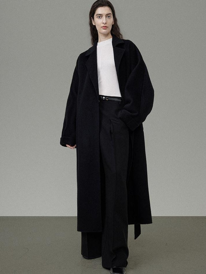 unspoken 100 Percent Wool Minimal Straight Long Tie Office Women Black Wool Coats