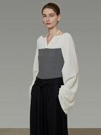 unspoken Breathable Cotton Contrast V-neck Loose Longsleeve Tie Front Women Blouses