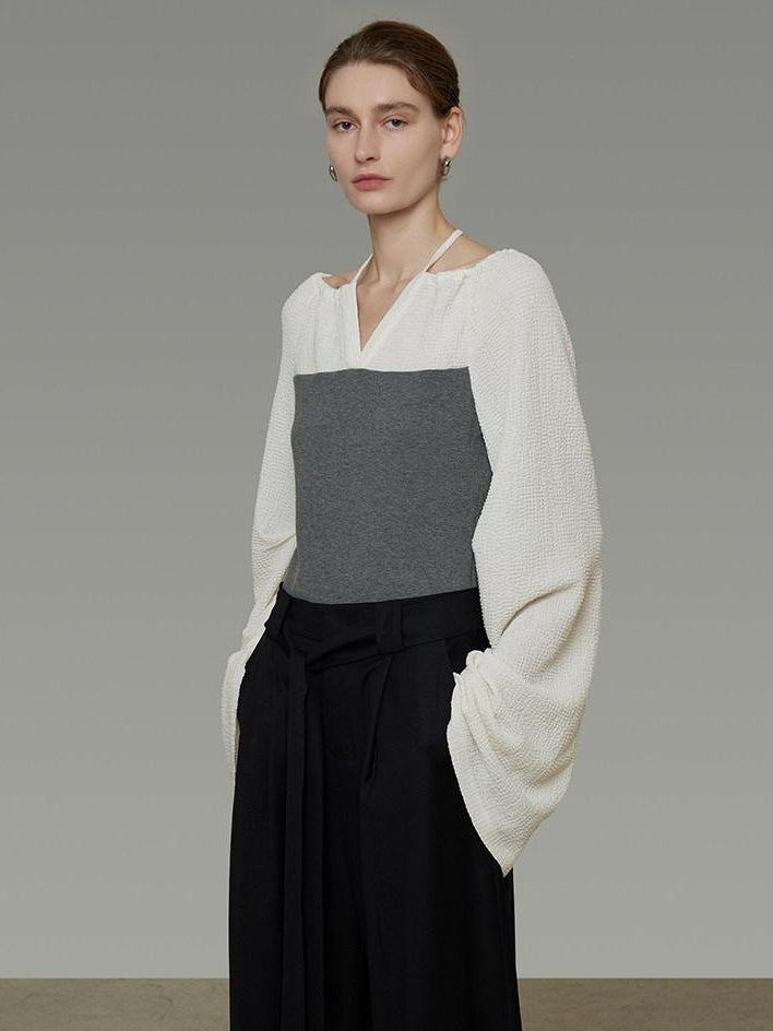 unspoken Breathable Cotton Contrast V-neck Loose Longsleeve Tie Front Women Blouses
