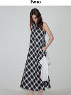fano Plaid Korean Workwear A Line Asymmetric Sleeveless Round Neck Women Maxi Dresses