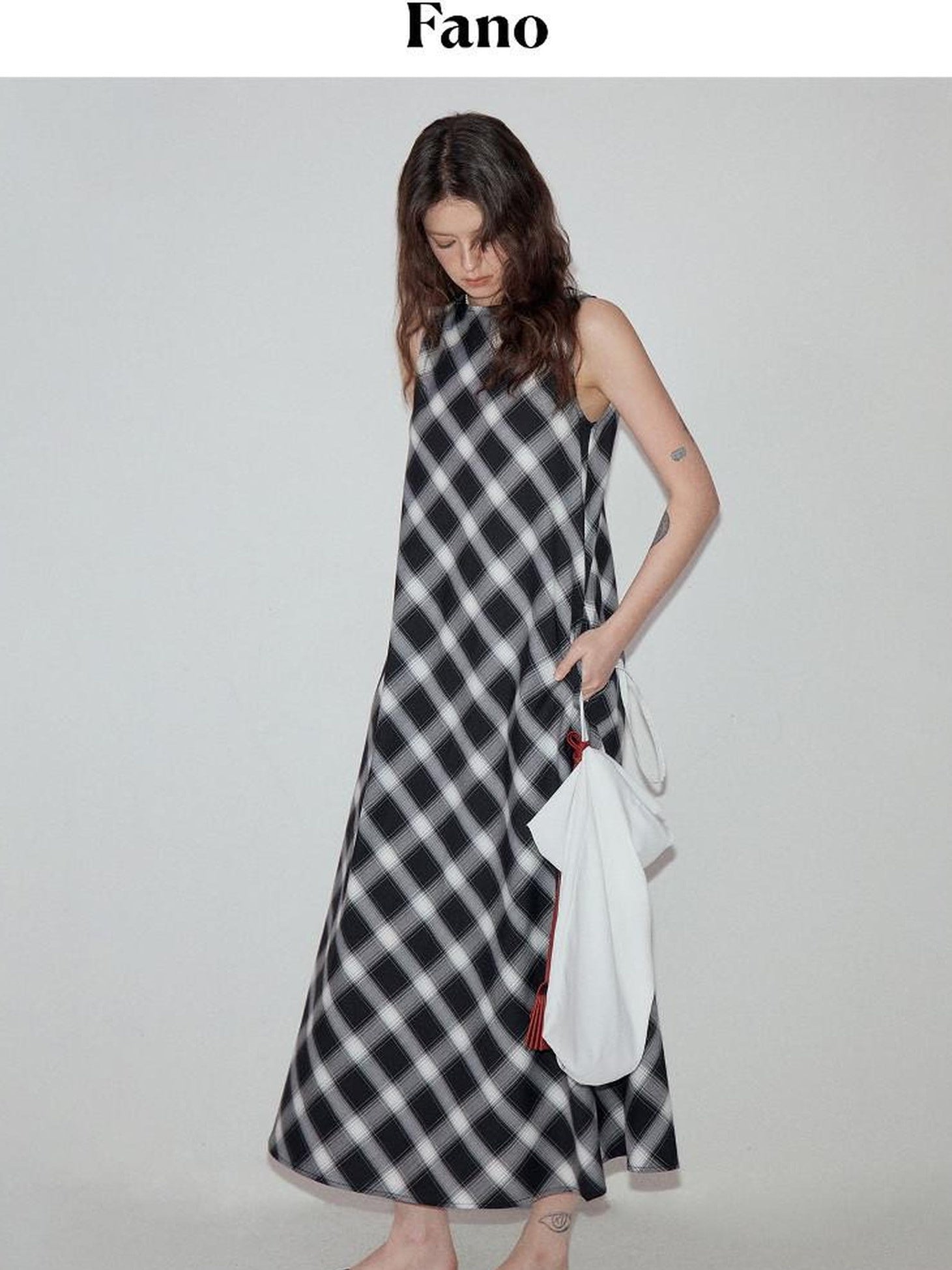 fano Plaid Korean Workwear A Line Asymmetric Sleeveless Round Neck Women Maxi Dresses