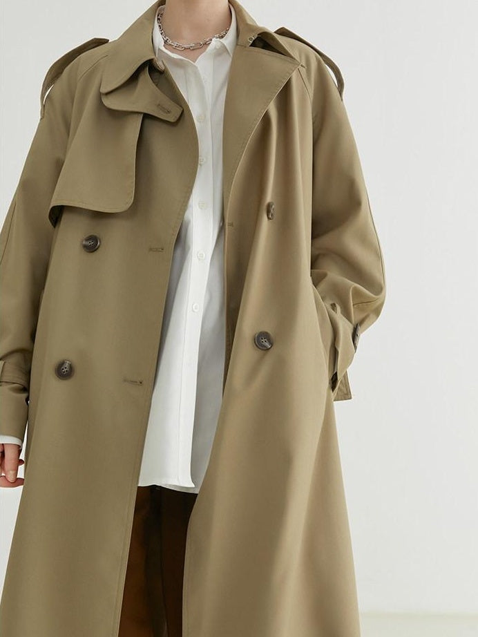 fano Classic Double Breasted Long Straight Fit Commuter Women Khaki Trench Coats