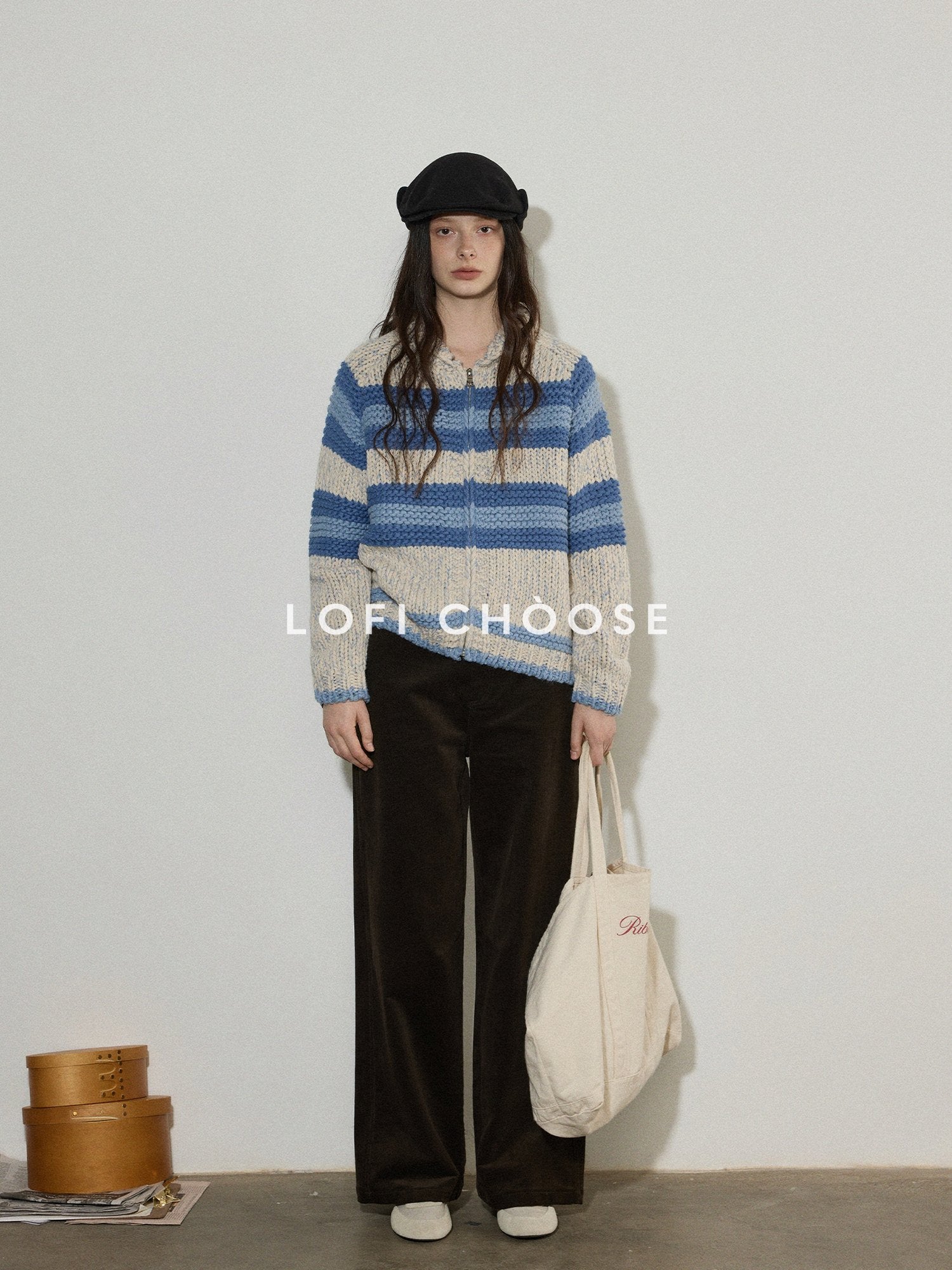 Lofi choose Acrylic Wool Blend Colorblock Striped Lapel Loose Fit Women Zip Front Cardigans