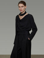 unspoken Breathable Minimalist Loose Fit Ribbon V-neck Office Women Solid Black Blouses