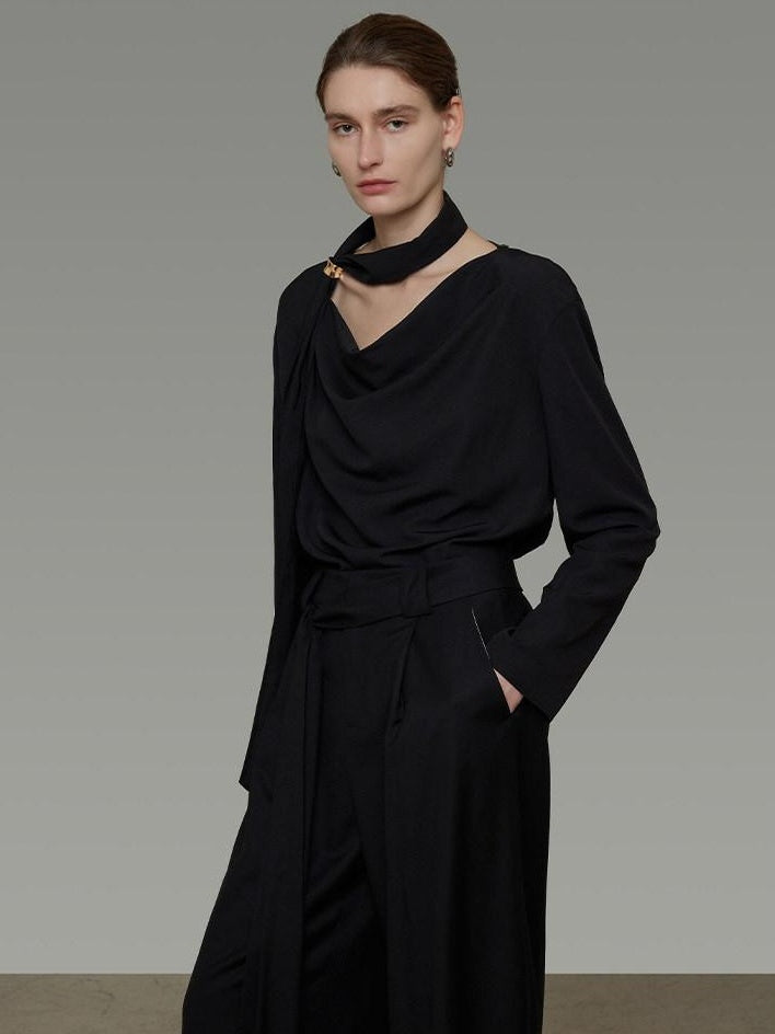 unspoken Breathable Minimalist Loose Fit Ribbon V-neck Office Women Solid Black Blouses
