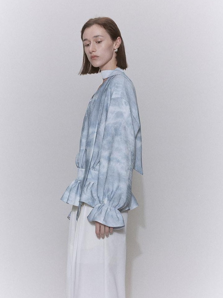 someone sometimes Glacier Blue Polyester V-neck Long Bell Sleeve Loose Fit Office Work Blouses