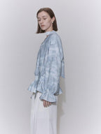 someone sometimes Glacier Blue Polyester V-neck Long Bell Sleeve Loose Fit Office Work Blouses