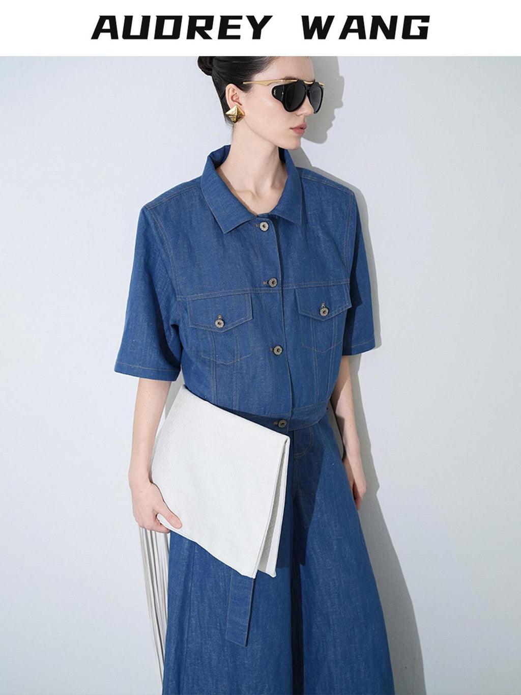 audreyyang Linen Blend Collared Short Sleeve Button Casual Denim Blue Top & Skirt Sets