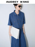 audreyyang Linen Blend Collared Short Sleeve Button Casual Denim Blue Top & Skirt Sets