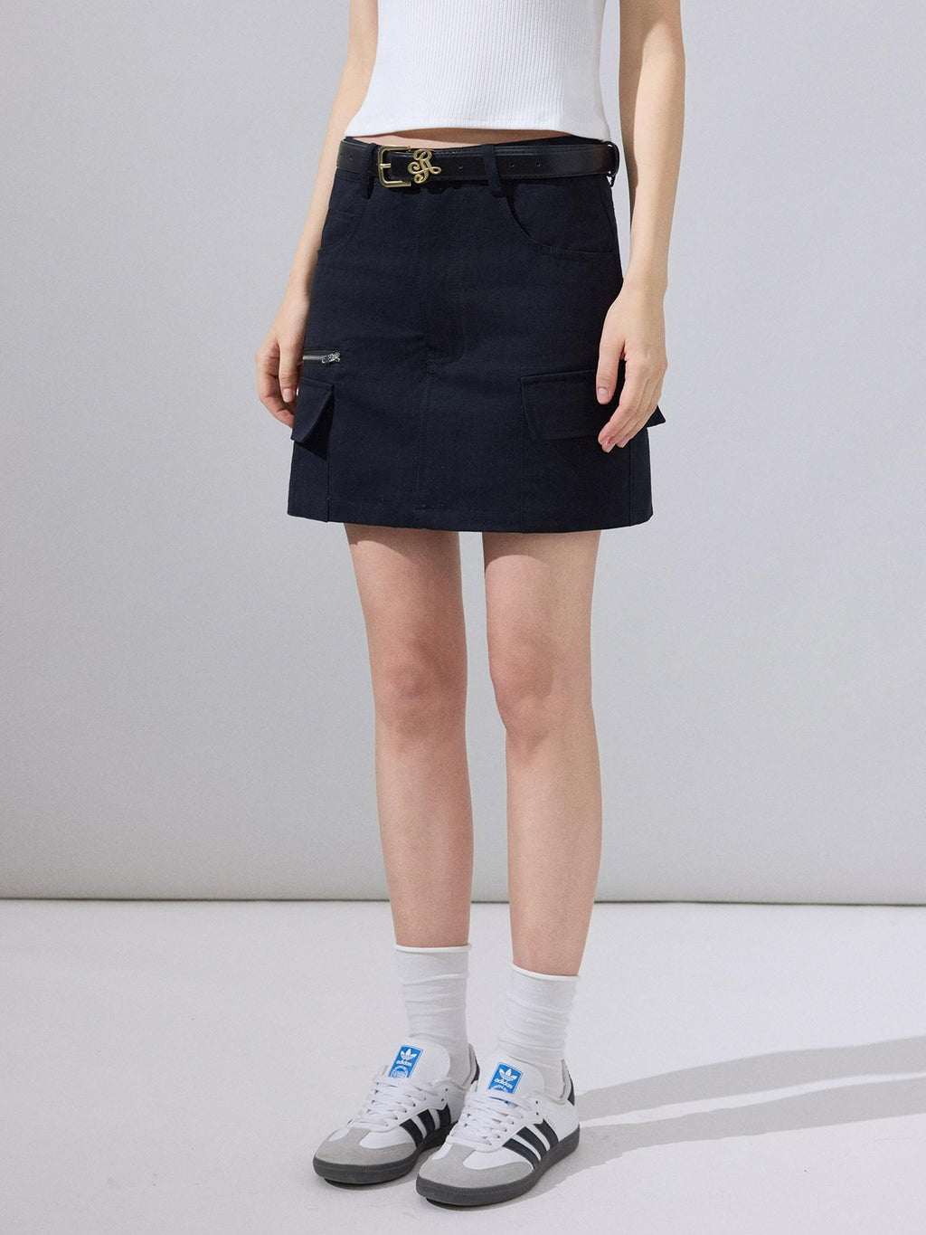 ikyou Breathable Lined High Waisted A Line Pockets Front Zip Black Cotton Mini Skirts