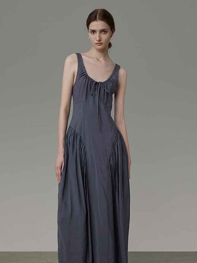 unspoken Pleated High Waist Minimal H Silhouette U Neck Sleeveless Office Maxi Dresses