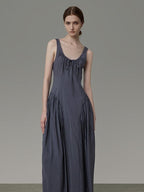 unspoken Pleated High Waist Minimal H Silhouette U Neck Sleeveless Office Maxi Dresses