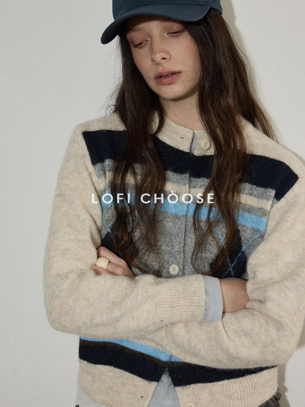 Lofi choose Cozy Poly Wool Blend Contrast Trim Diamond Knit Loose Fit Women Cardigans