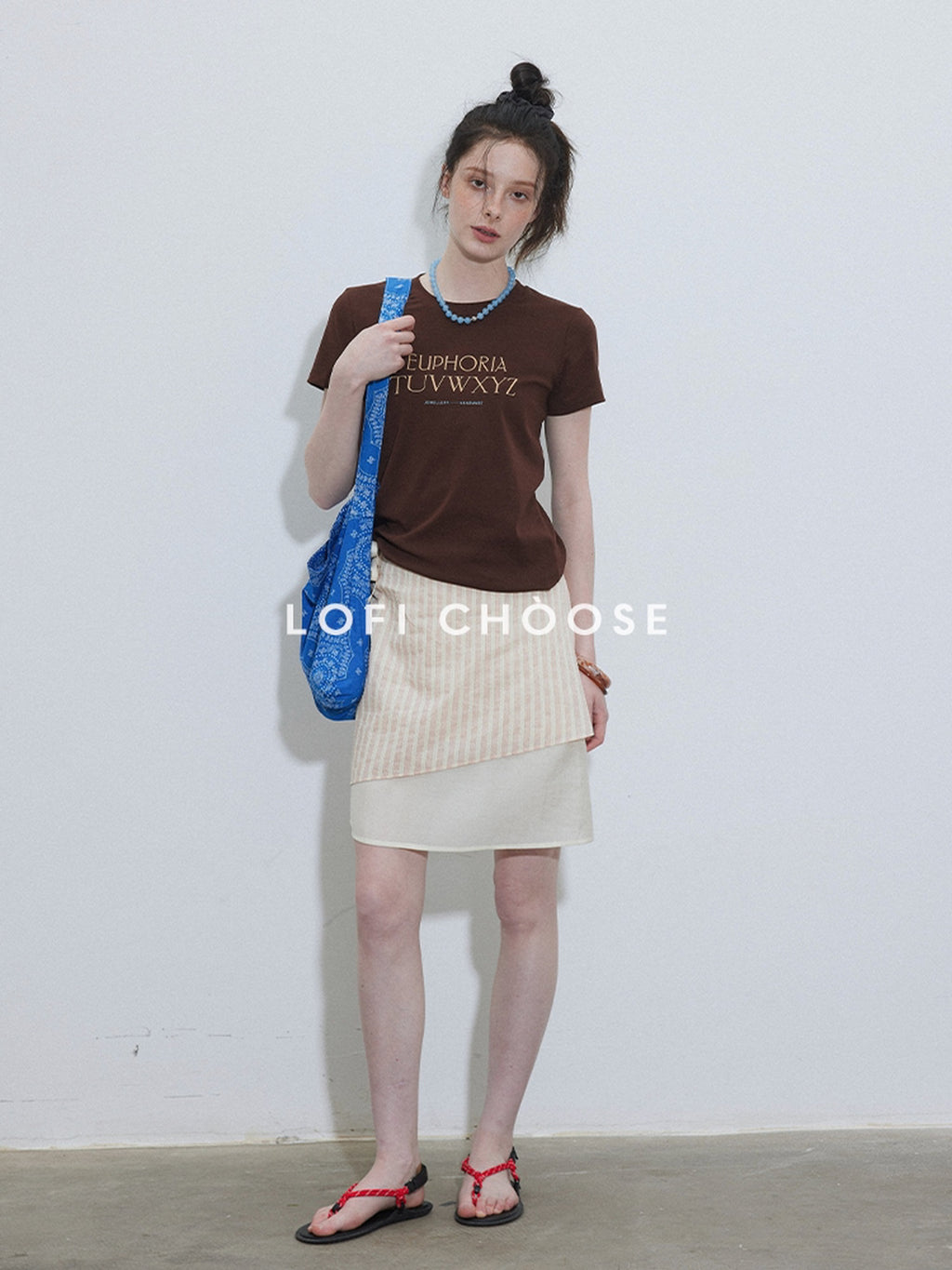 Lofi choose Printed Crew Neck Loose Fit Commuter Women Light Blue Short Sleeve T-Shirts