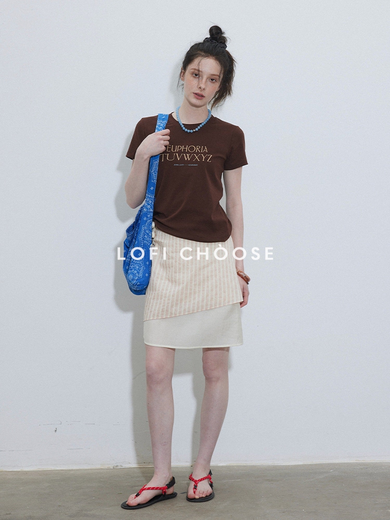 Lofi choose Printed Crew Neck Loose Fit Commuter Women Light Blue Short Sleeve T-Shirts