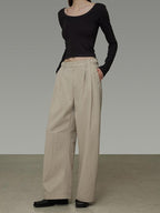 unspoken Pleated Natural Waist Minimalist Loose Women Khaki Zipper Wide Leg Pants