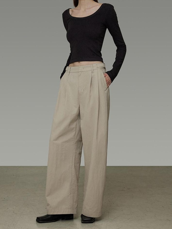 unspoken Pleated Natural Waist Minimalist Loose Women Khaki Zipper Wide Leg Pants