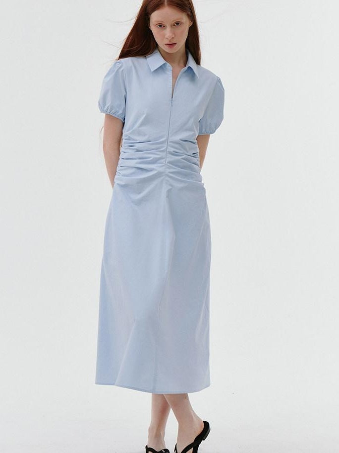 fano 100% Cotton Puff Sleeve A Line Natural Waist Solid Blue Zipper Maxi Dresses