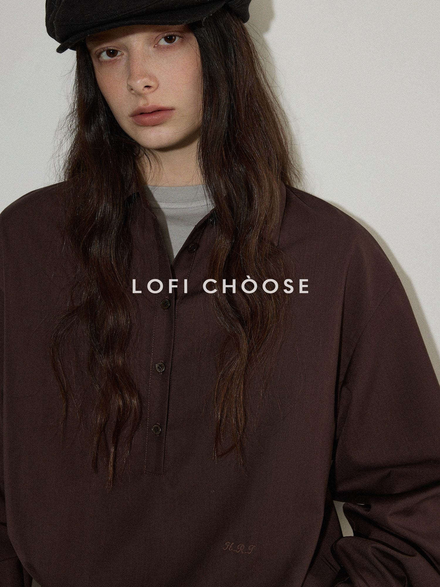 Lofi choose Embroidered Loose Drop Shoulder Collared Workwear For Women Polyester Blouses